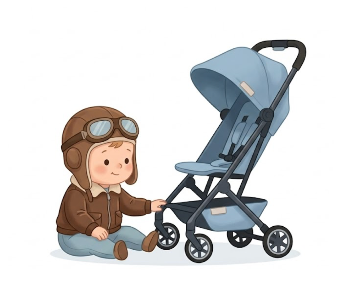 Baby Cestovatel sedící vedle kočárku do letadla