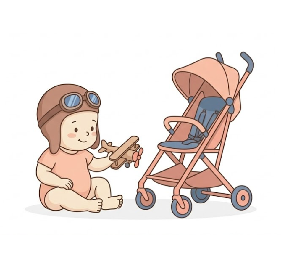 Baby cestovatel připravený na výlet s kompaktním kočárkem a hračkou letadla.