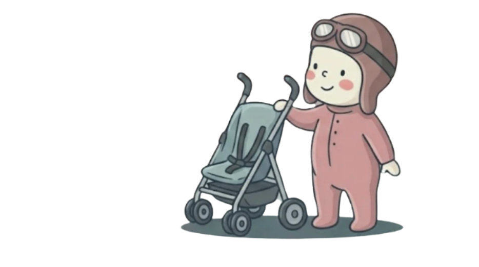 Baby cestovatel stojící vedle lehkého cestovního kočárku pro děti