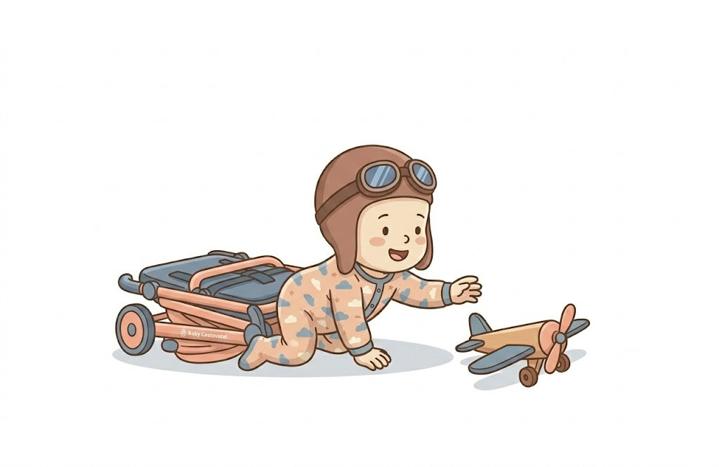 Baby cestovatel lezoucí vedle složeného kompaktního kočárku a hračky v podobě letadla.