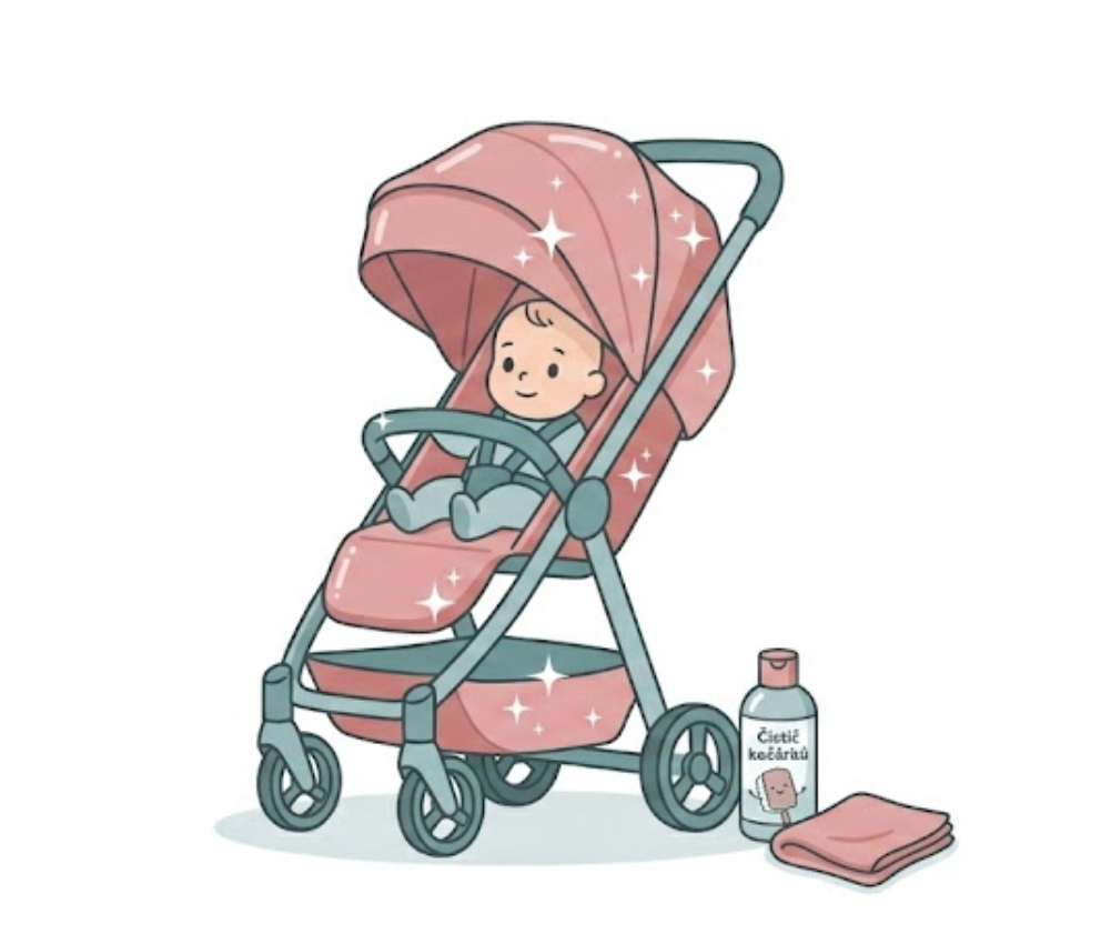 Baby cestovatel v zářivě čistém růžovém kočárku s čisticím prostředkem a utěrkou pro maximální hygienu na cestách.