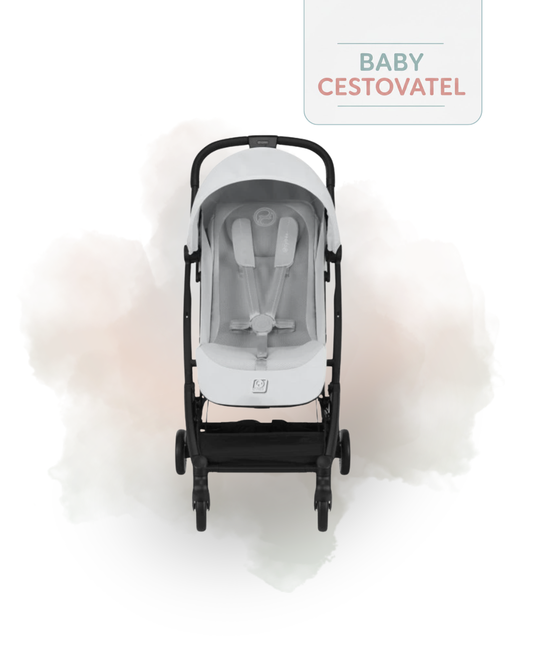 Detailní čelní pohled na světle šedý cestovní kočárek Cybex Orfeo na jemném akvarelovém pozadí s logem Baby cestovatel.