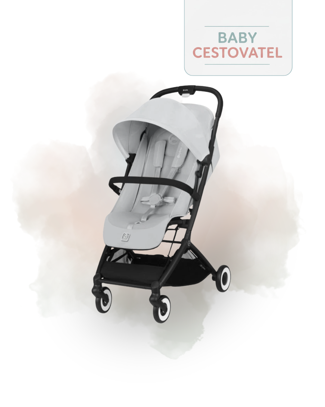 Světle šedý cestovní kočárek Cybex Orfeo s nasazeným bezpečnostním madlem na jemném akvarelovém pozadí – Baby cestovatel.
