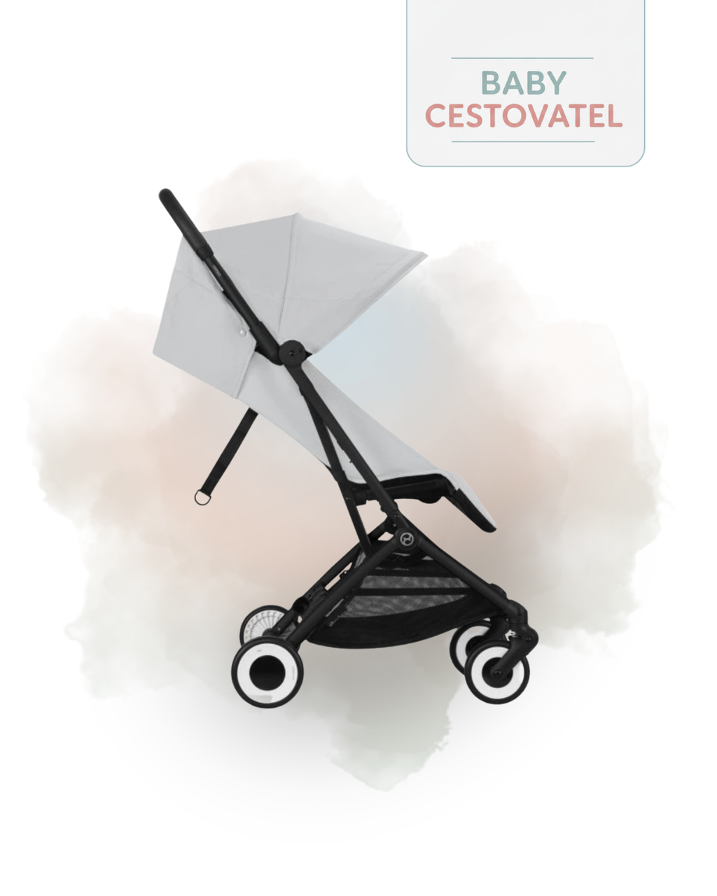 Boční pohled na světle šedý cestovní kočárek Cybex Orfeo se sklopenou opěrkou zad do lehu na jemném akvarelovém pozadí – Baby cestovatel.