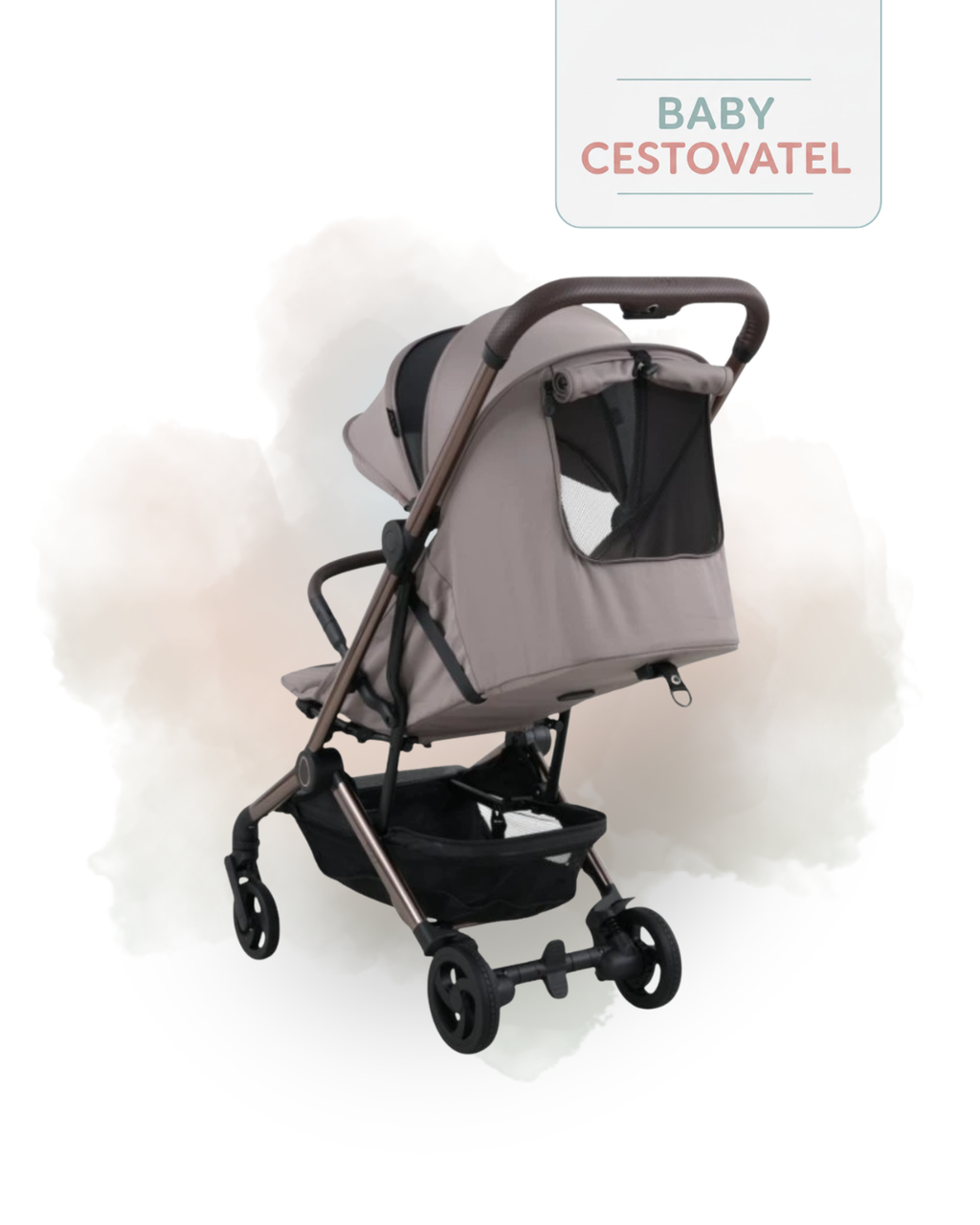 Pohled zezadu na pískový cestovní kočárek Egg Sky se zaměřením na detaily větracího okénka ve stříšce a úložného košíku – Baby cestovatel.