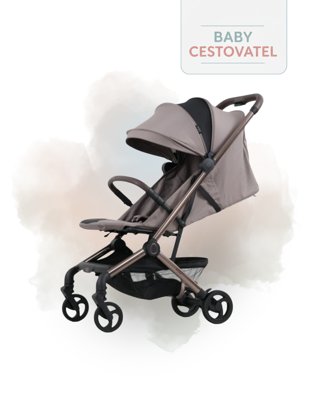 Detailní pohled z úhlu na prémiový pískový cestovní kočárek Egg Sky se sluneční stříškou a madlem na jemném pozadí – Baby cestovatel.