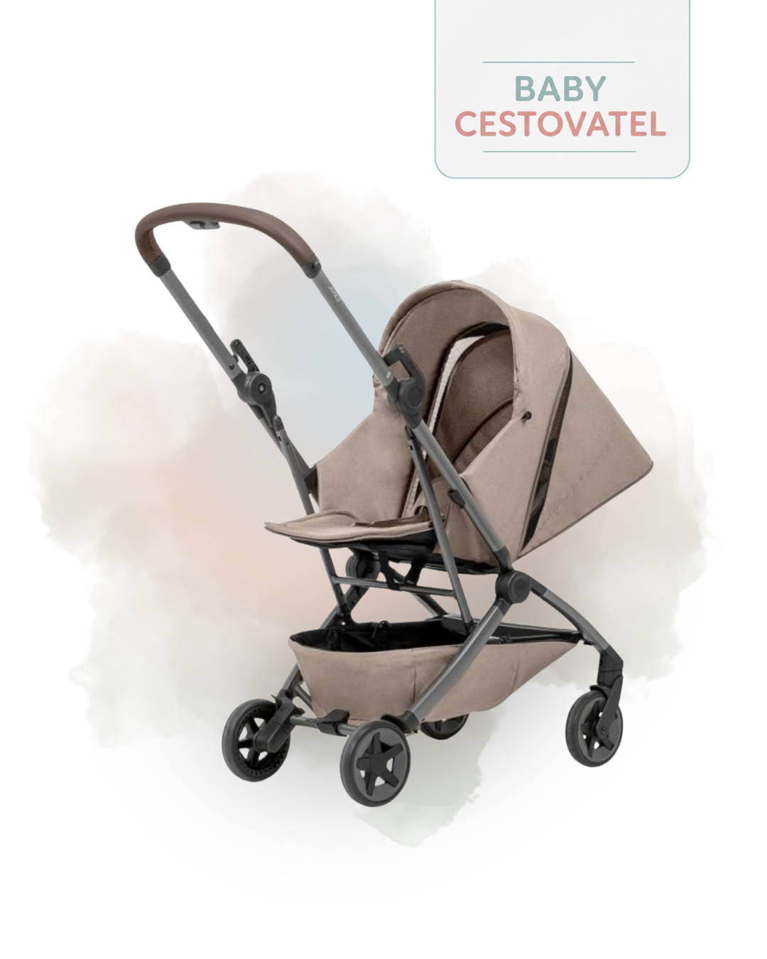 Detailní šikmý pohled na pískový cestovní kočárek Joolz Aer 2 NEST TO SEAT s částečně sklopenou stříškou na jemném akvarelovém pozadí – Baby cestovatel.