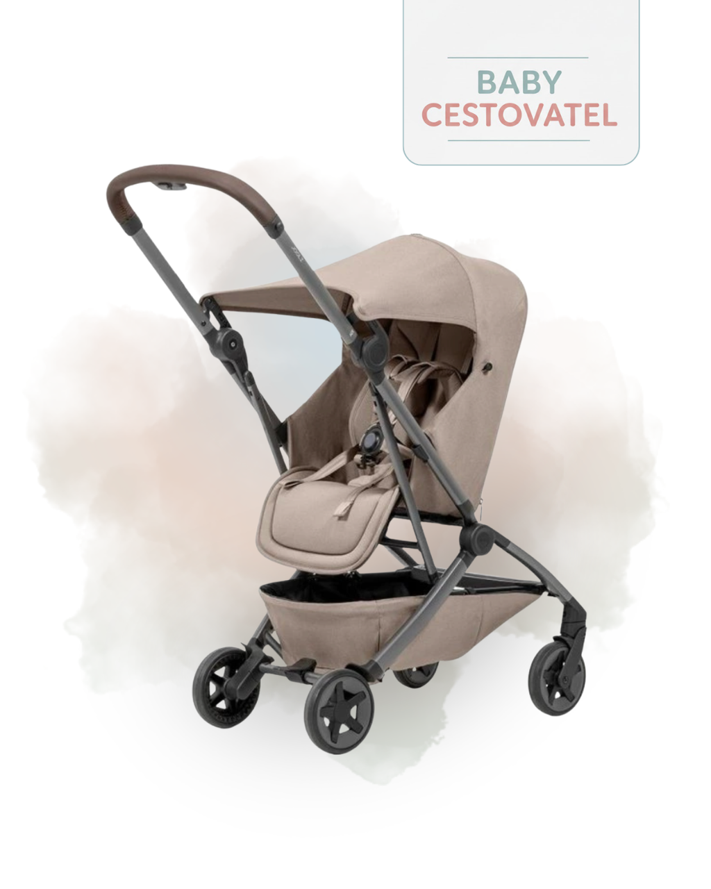 Šikmý pohled na pískový cestovní kočárek Joolz Aer 2 NEST TO SEAT s detailem vnitřní části sedadla a stříšky na jemném pozadí – Baby cestovatel.