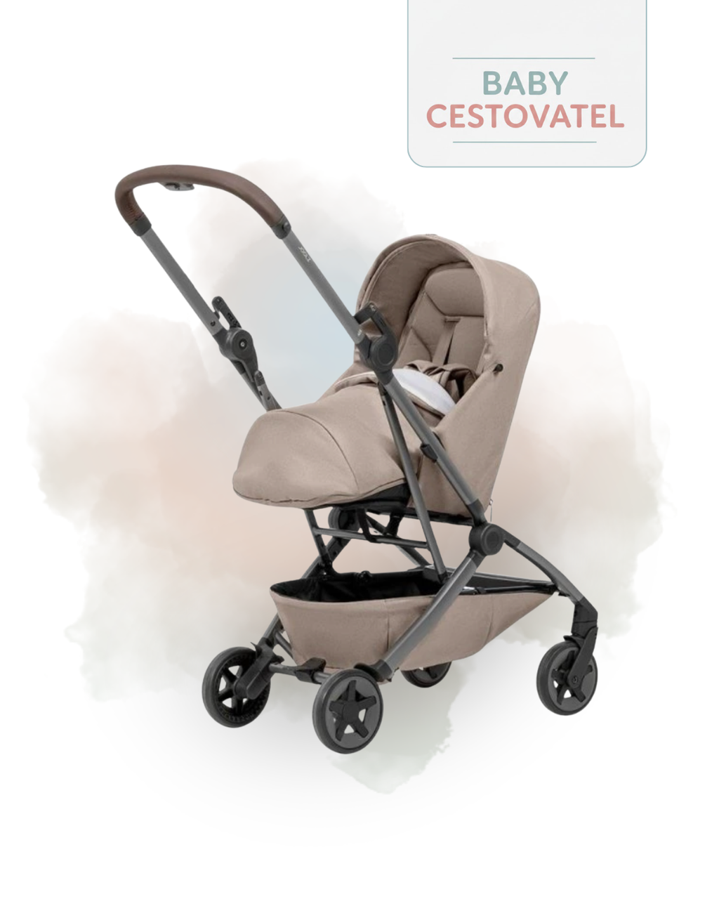 Pohled z úhlu na pískový cestovní kočárek Joolz Aer 2 v unikátní verzi Nest to Seat na jemném akvarelovém pozadí – Baby cestovatel.