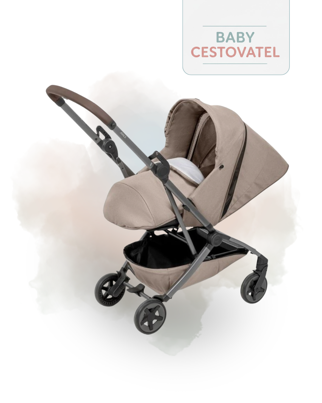 Detailní šikmý pohled na pískový cestovní kočárek Joolz Aer 2 NEST TO SEAT připravený pro novorozence na jemném akvarelovém pozadí – Baby cestovatel.