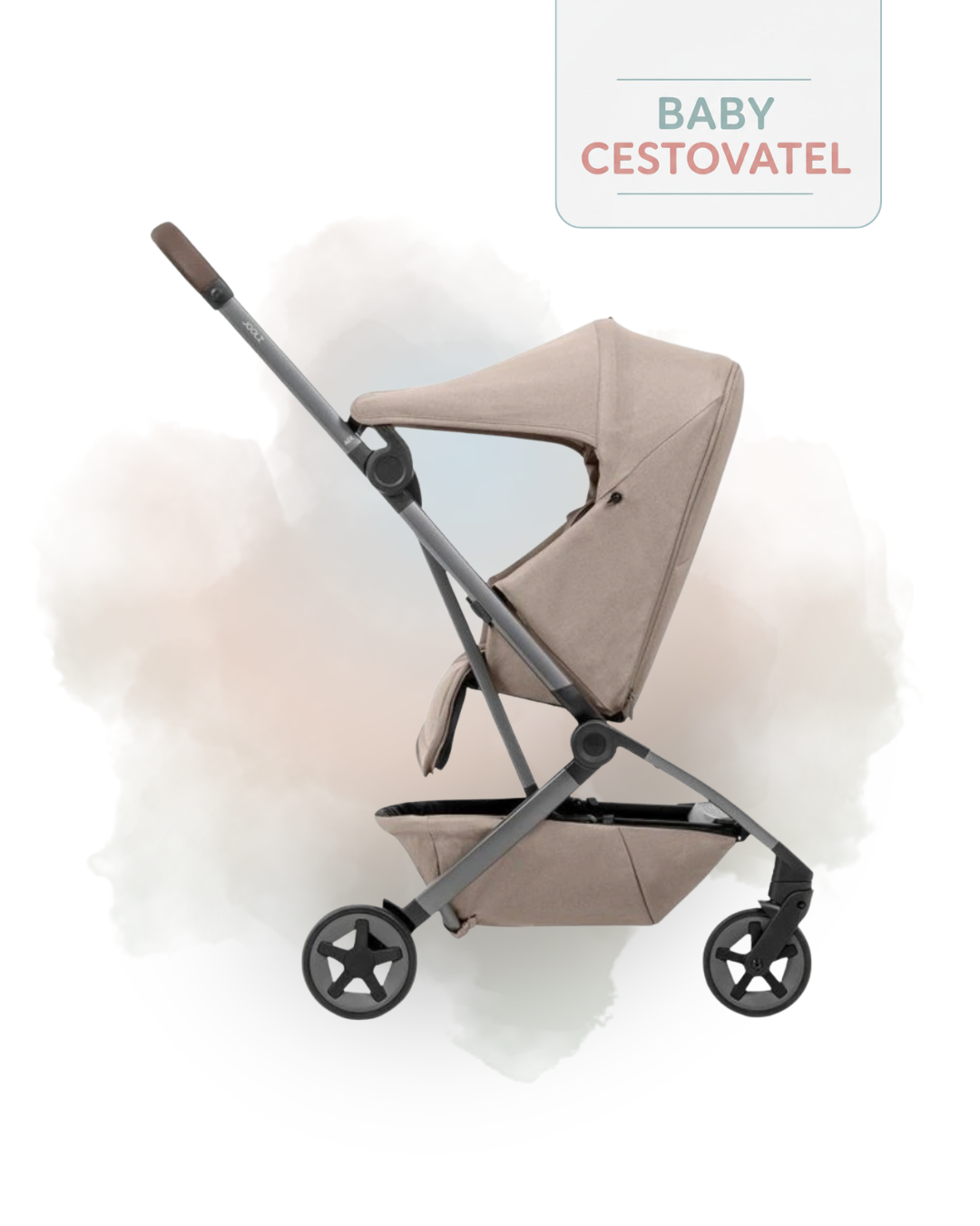 Boční pohled na pískový cestovní kočárek Joolz Aer 2 NEST TO SEAT na jemném akvarelovém pozadí – Baby cestovatel.