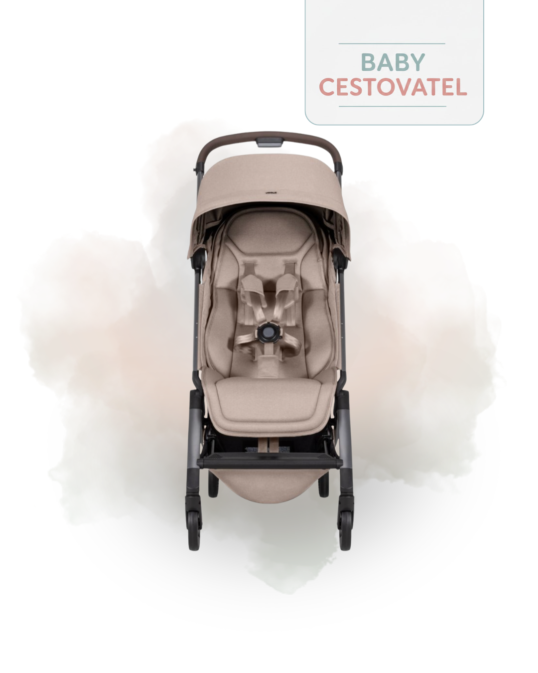 Čelní pohled na pískový cestovní kočárek Joolz Aer 2 na jemném akvarelovém pozadí – Baby cestovatel.