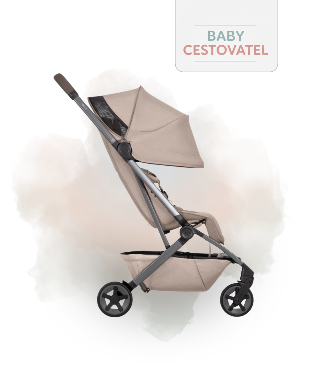 Boční pohled na pískový cestovní kočárek Joolz Aer 2 na jemném akvarelovém pozadí – Baby cestovatel.