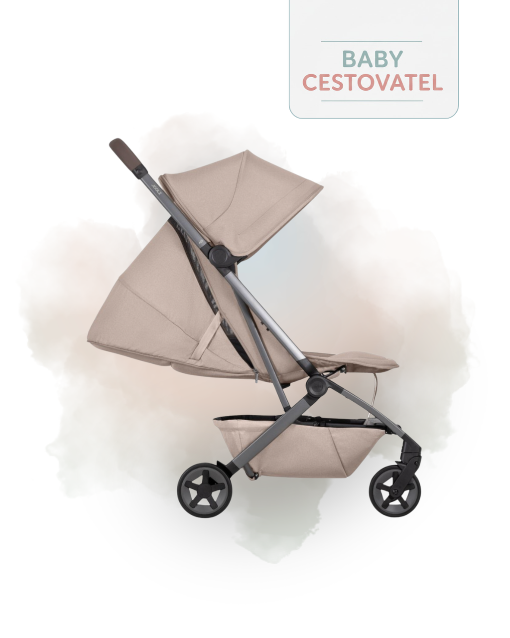 Boční pohled na pískový cestovní kočárek Joolz Aer 2 se sklopenou opěrkou zad do polohy vleže na jemném akvarelovém pozadí – Baby cestovatel.